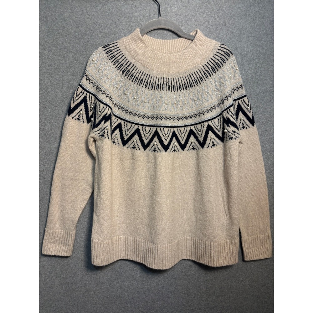 Cocobleu Fair Isle Pearl Sweater Medium Cream Nordic Cottagecore Cozy Knit